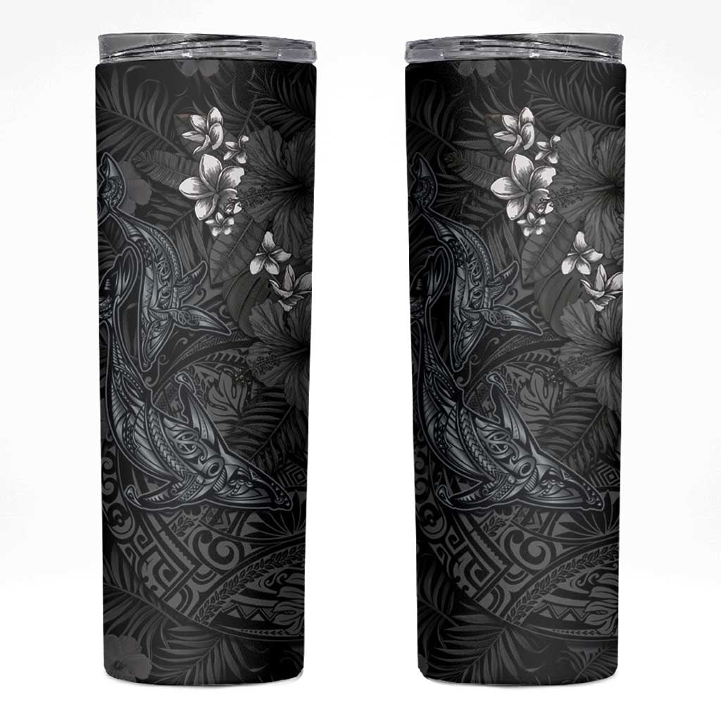 Hawaiian Tropical Plants and Tribal Whales Skinny Tumbler Polynesian Art Tattoo Grayscale