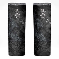 Hawaiian Tropical Plants and Tribal Whales Skinny Tumbler Polynesian Art Tattoo Grayscale