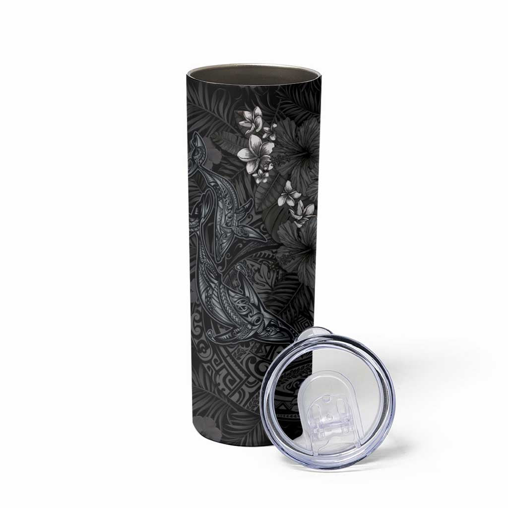 Hawaiian Tropical Plants and Tribal Whales Skinny Tumbler Polynesian Art Tattoo Grayscale