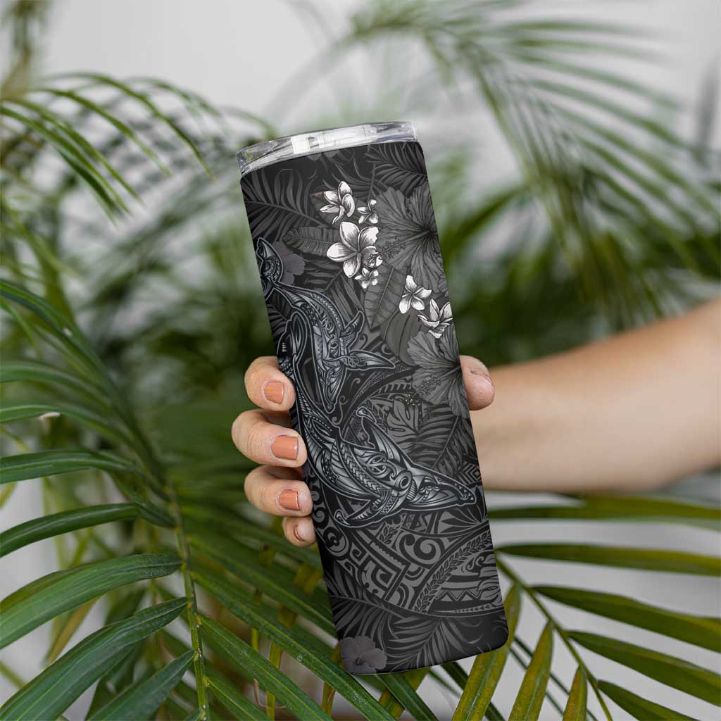 Hawaiian Tropical Plants and Tribal Whales Skinny Tumbler Polynesian Art Tattoo Grayscale