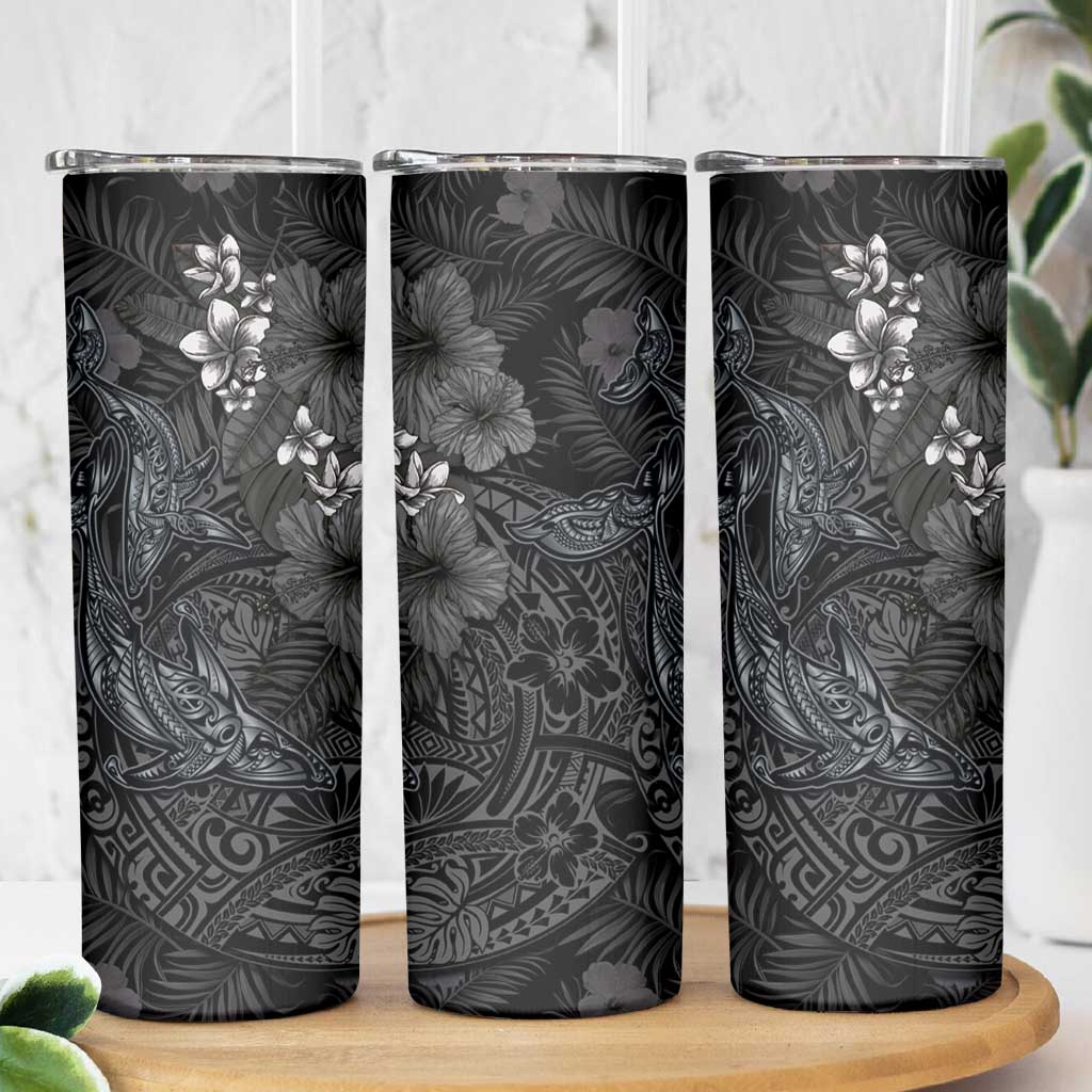 Hawaiian Tropical Plants and Tribal Whales Skinny Tumbler Polynesian Art Tattoo Grayscale