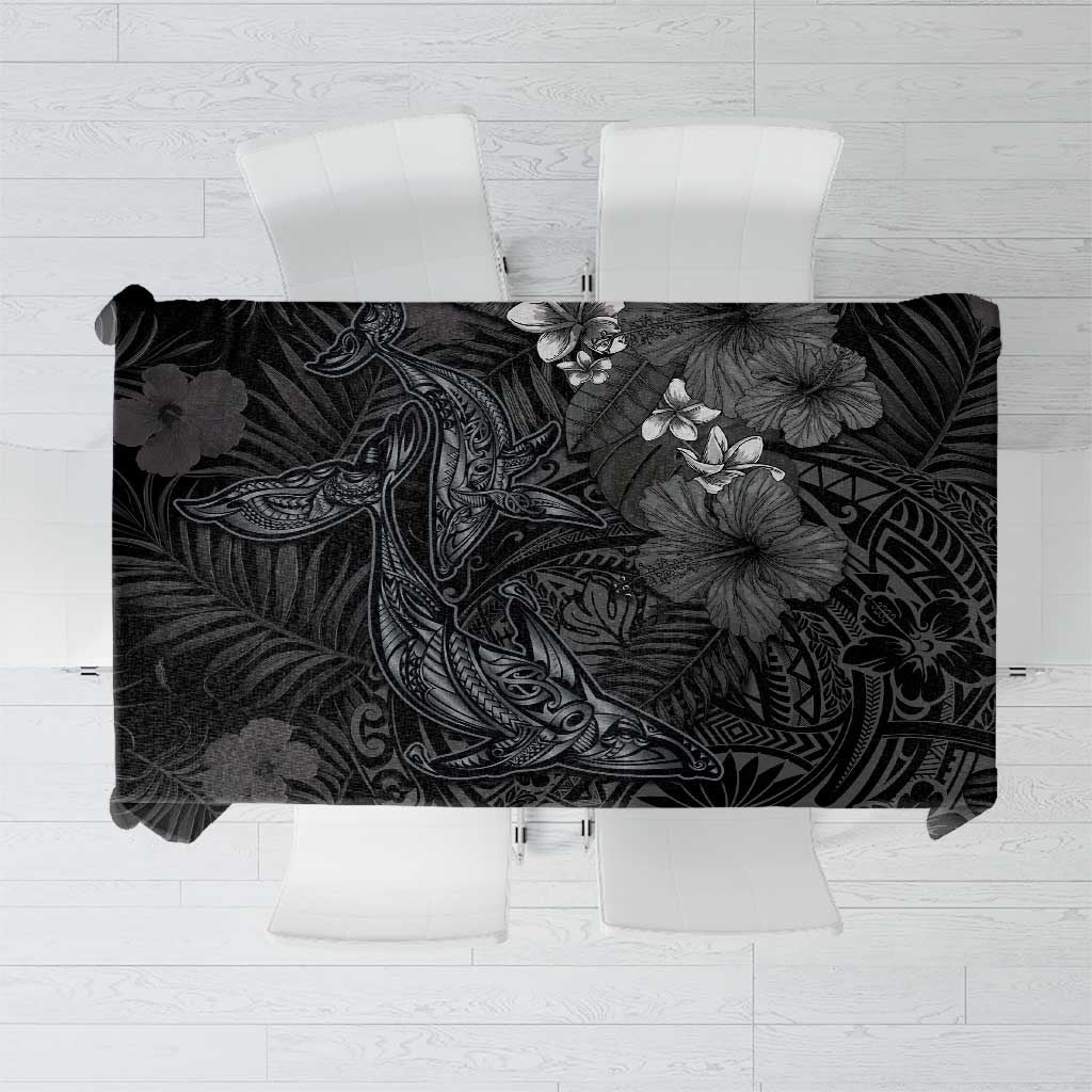 Hawaiian Tropical Plants and Tribal Whales Tablecloth Polynesian Art Tattoo Grayscale