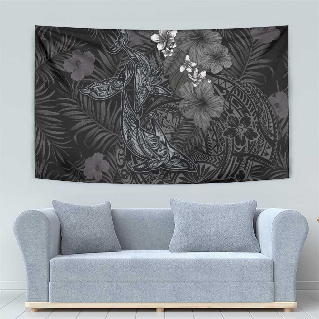 Hawaiian Tropical Plants and Tribal Whales Tapestry Polynesian Art Tattoo Grayscale LT03 - Polynesian Pride