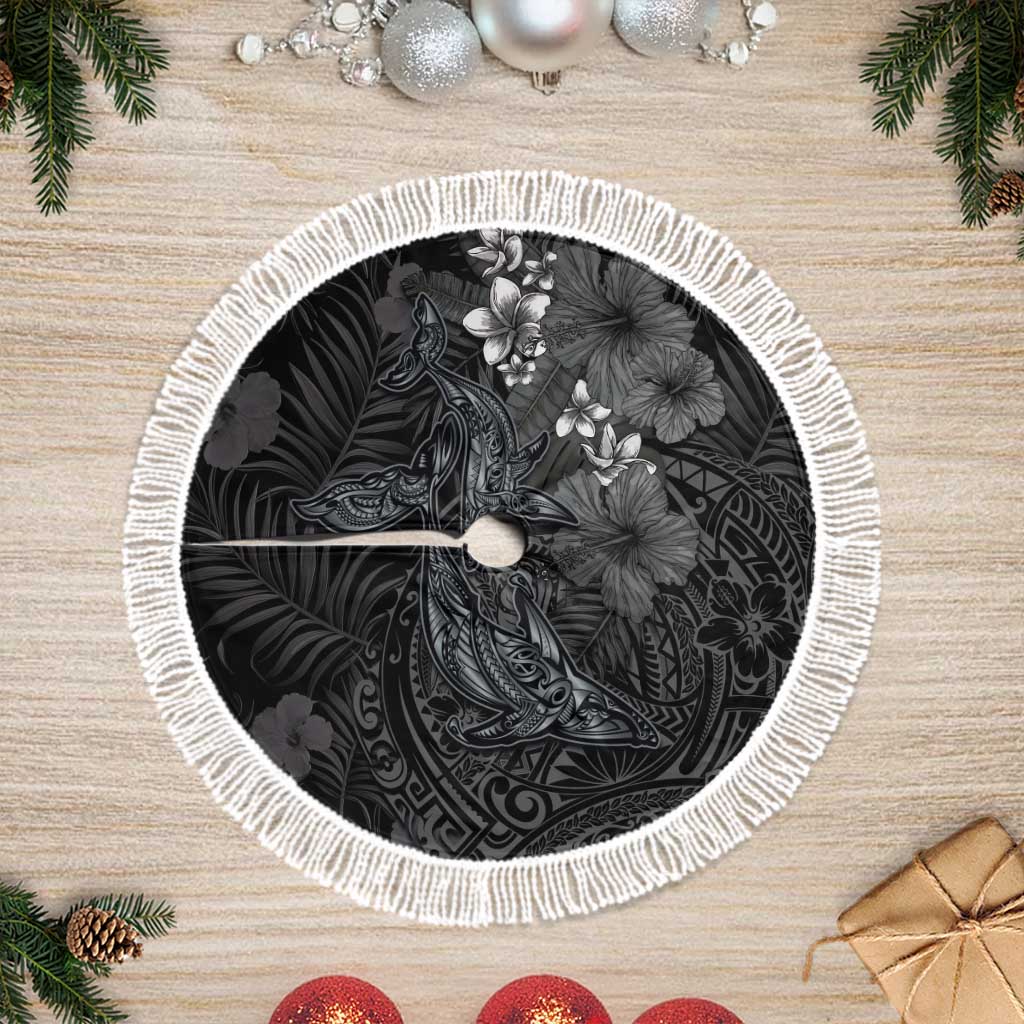 Hawaiian Tropical Plants and Tribal Whales Tree Skirt Polynesian Art Tattoo Grayscale