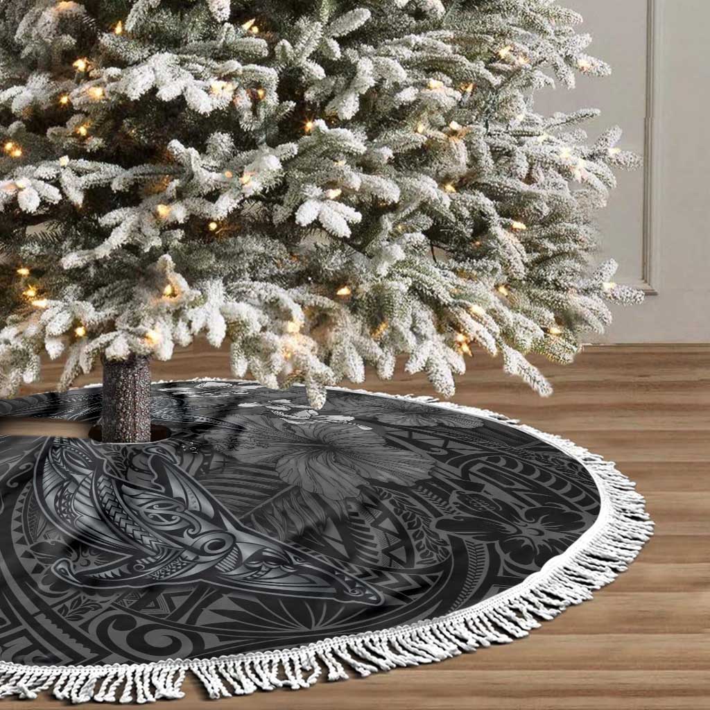 Hawaiian Tropical Plants and Tribal Whales Tree Skirt Polynesian Art Tattoo Grayscale