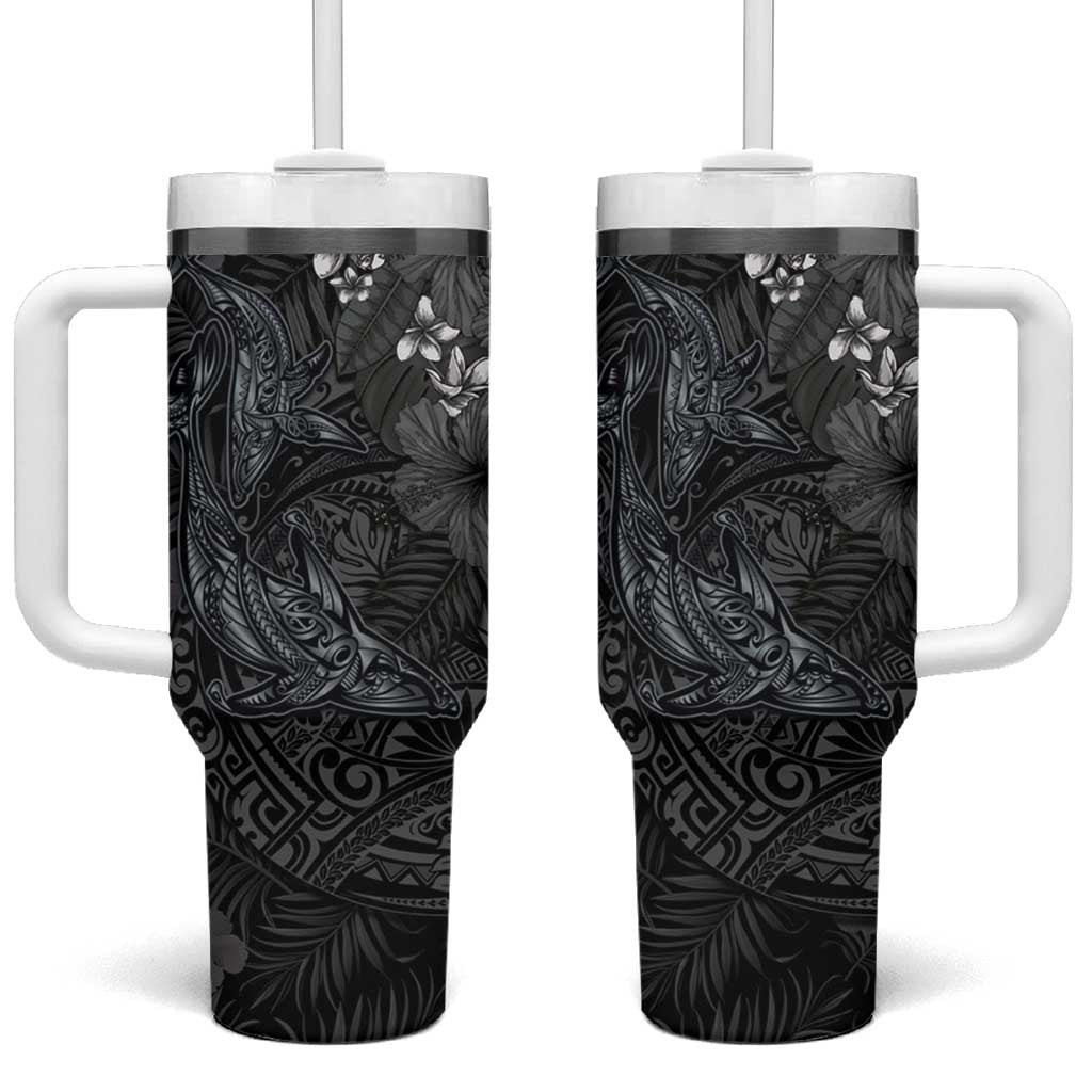 Hawaiian Tropical Plants and Tribal Whales Tumbler With Handle Polynesian Art Tattoo Grayscale