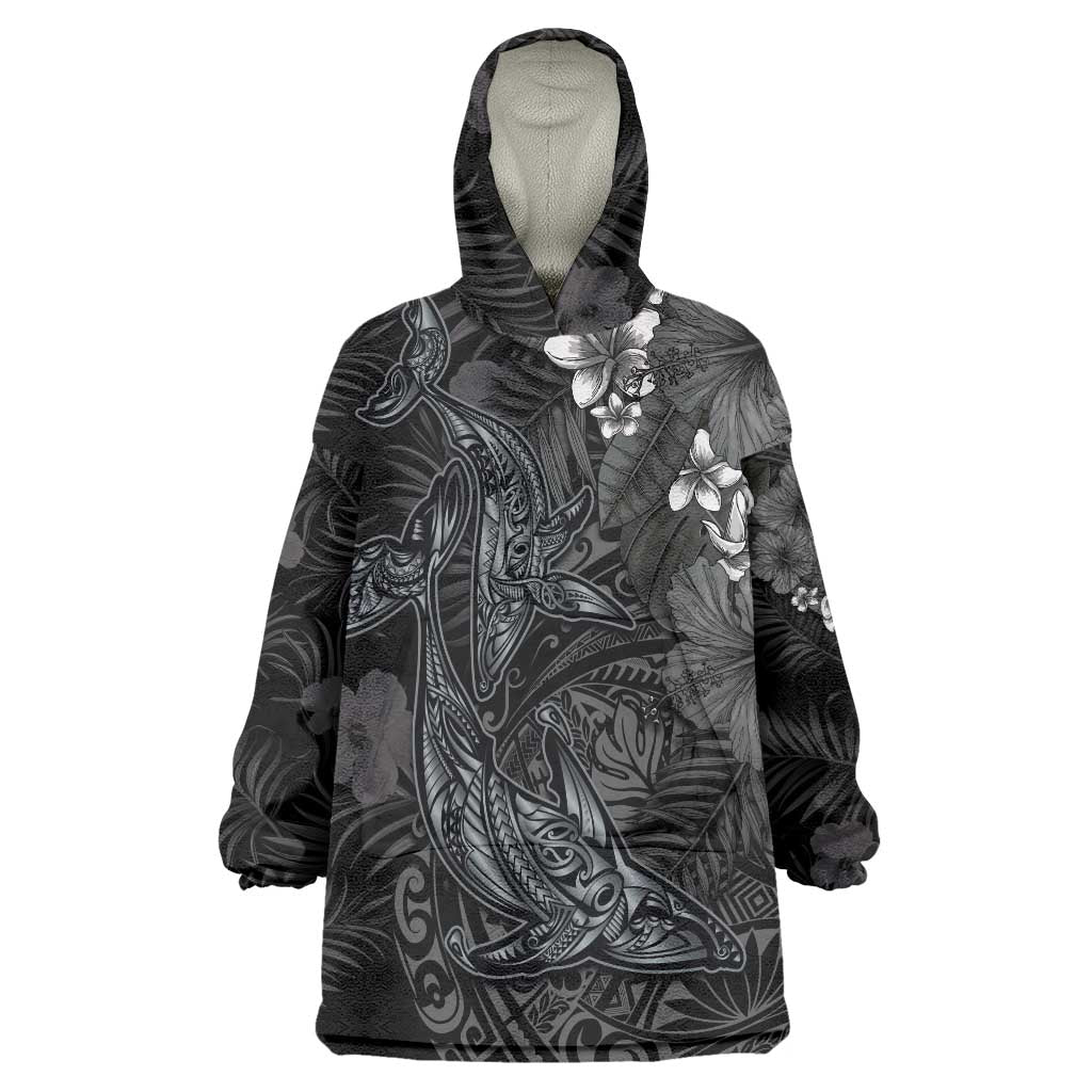 Hawaiian Tropical Plants and Tribal Whales Wearable Blanket Hoodie Polynesian Art Tattoo Grayscale LT03 One Size Black - Polynesian Pride