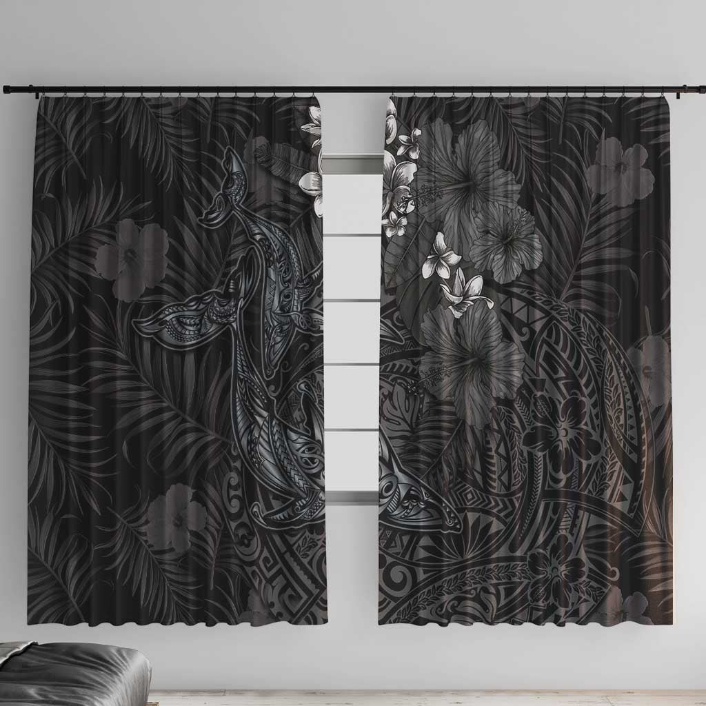 Hawaiian Tropical Plants and Tribal Whales Window Curtain Polynesian Art Tattoo Grayscale