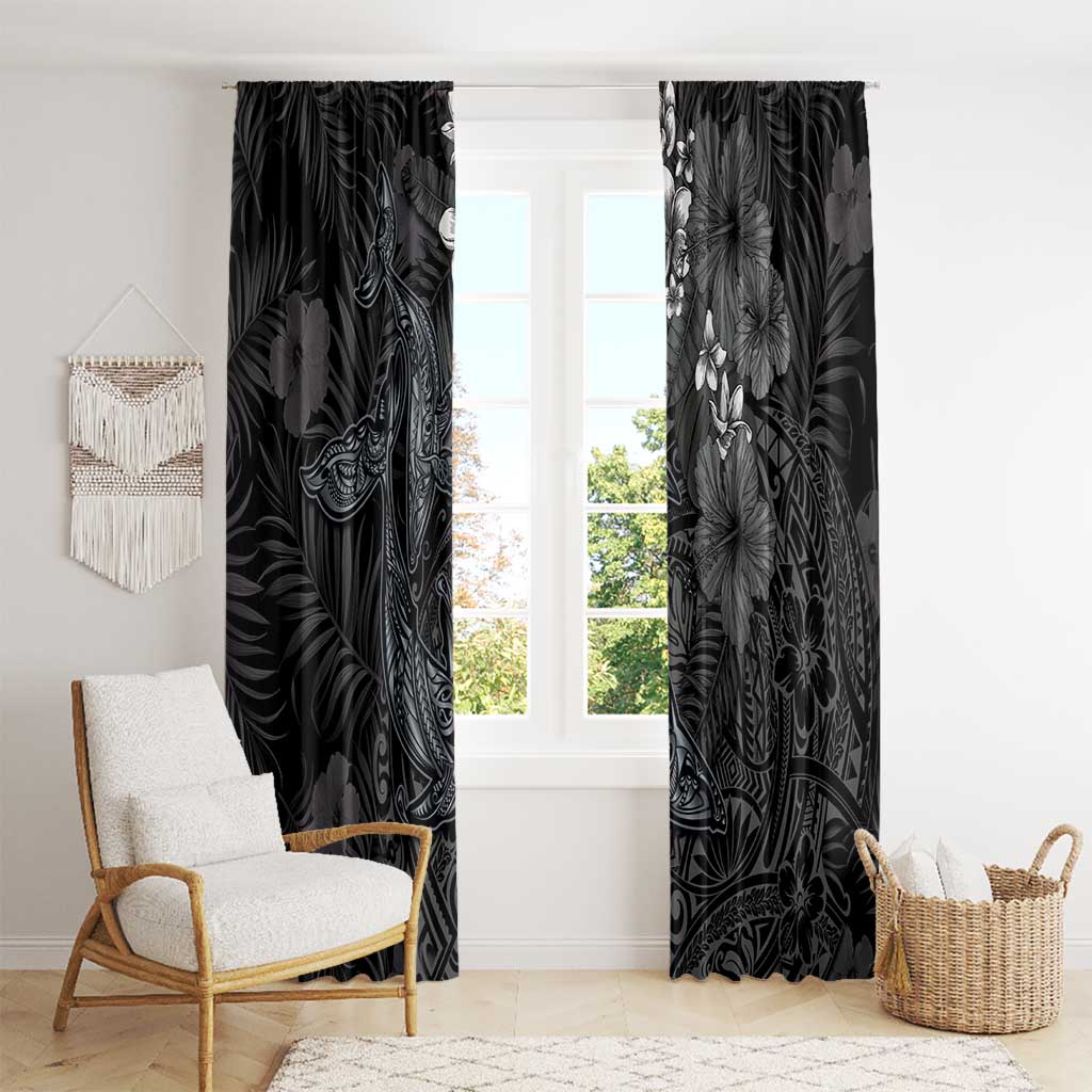 Hawaiian Tropical Plants and Tribal Whales Window Curtain Polynesian Art Tattoo Grayscale LT03 - Polynesian Pride