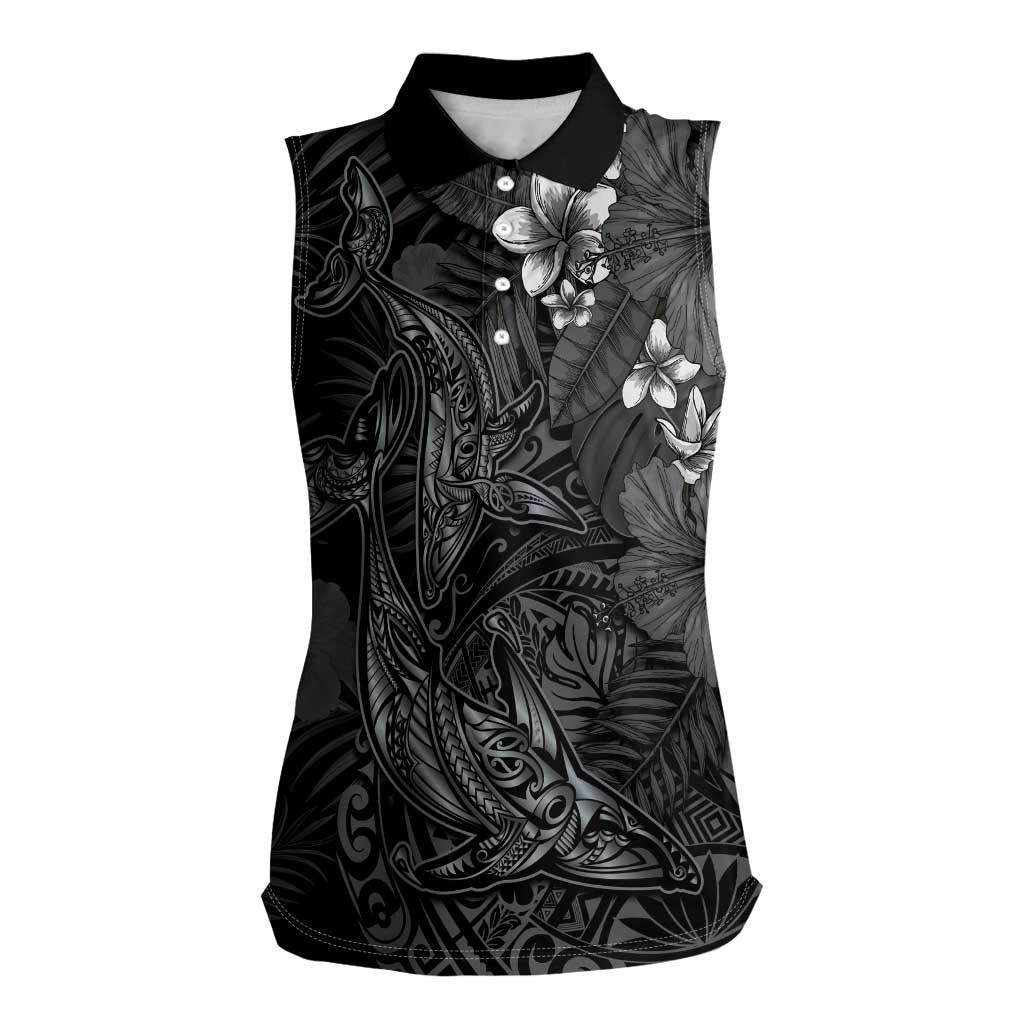 Hawaiian Tropical Plants and Tribal Whales Women Sleeveless Polo Shirt Polynesian Art Tattoo Grayscale