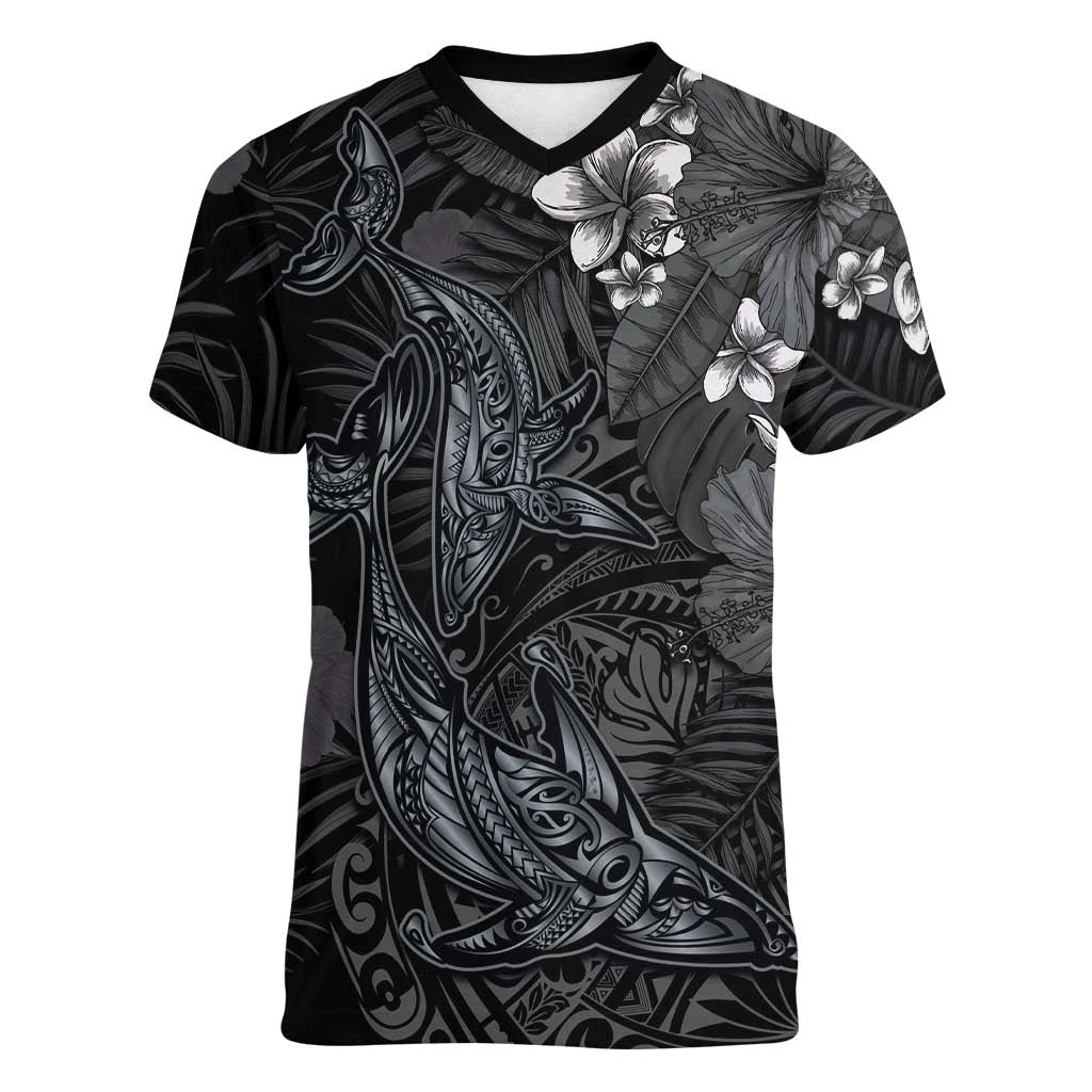 Hawaiian Tropical Plants and Tribal Whales Women V-Neck T-Shirt Polynesian Art Tattoo Grayscale