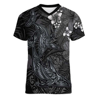 Hawaiian Tropical Plants and Tribal Whales Women V-Neck T-Shirt Polynesian Art Tattoo Grayscale