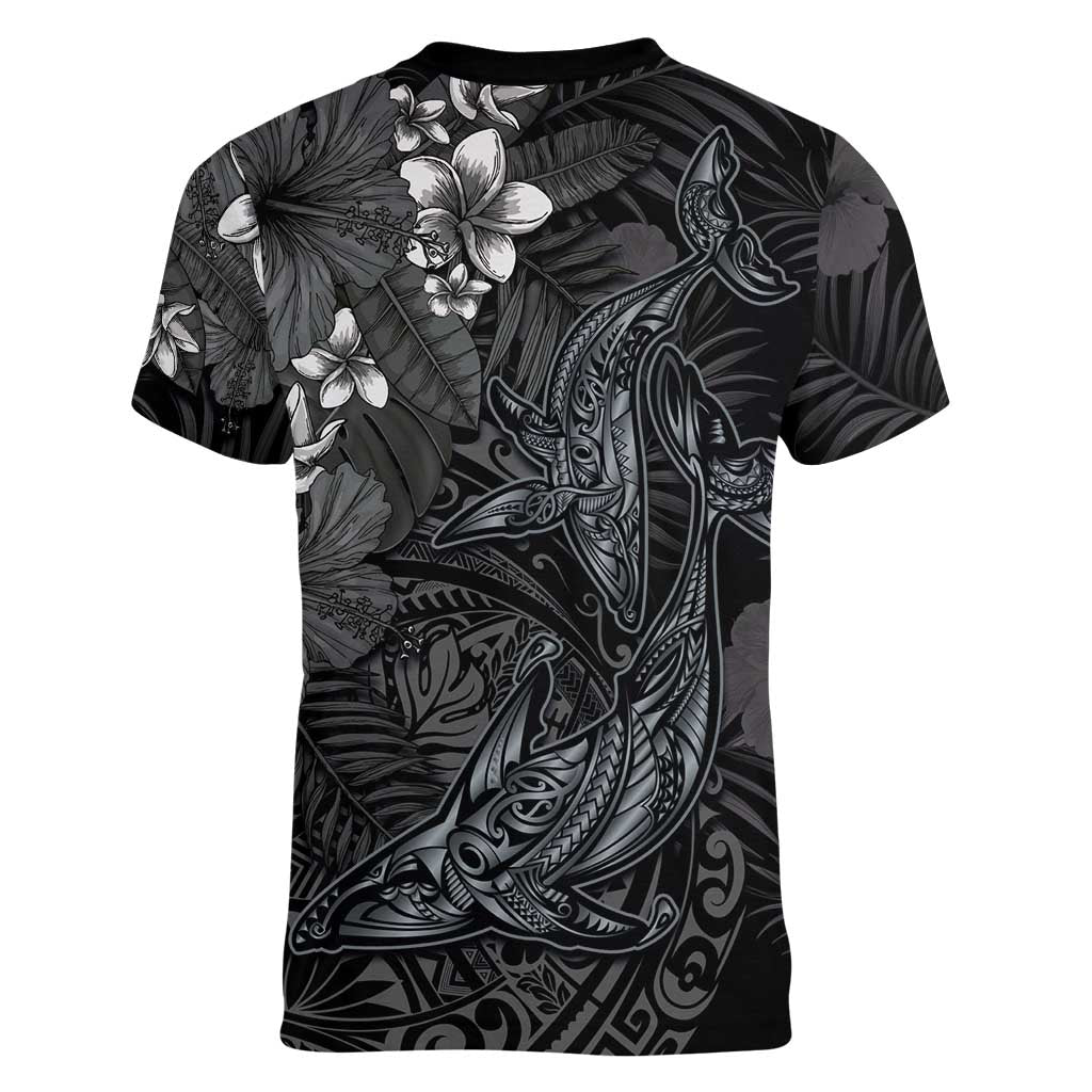 Hawaiian Tropical Plants and Tribal Whales Women V-Neck T-Shirt Polynesian Art Tattoo Grayscale