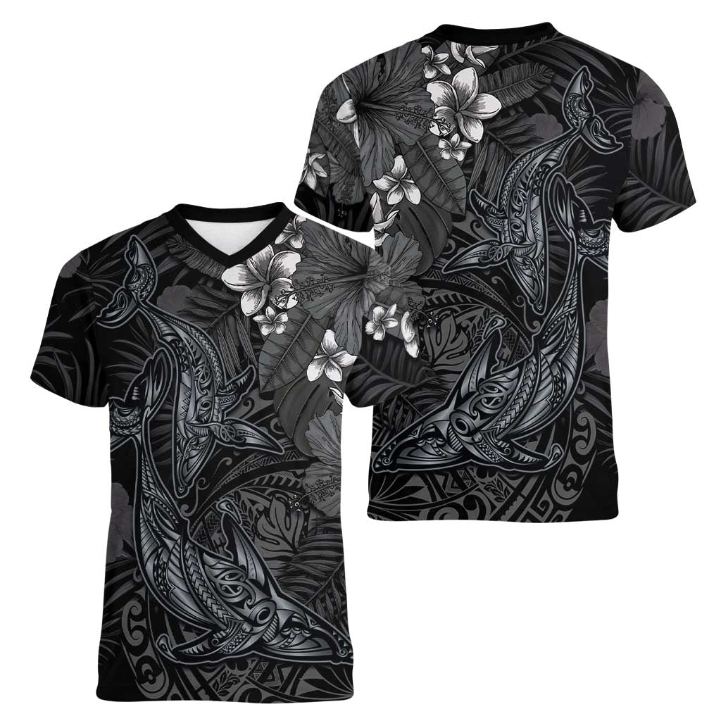 Hawaiian Tropical Plants and Tribal Whales Women V-Neck T-Shirt Polynesian Art Tattoo Grayscale