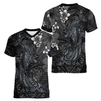 Hawaiian Tropical Plants and Tribal Whales Women V-Neck T-Shirt Polynesian Art Tattoo Grayscale