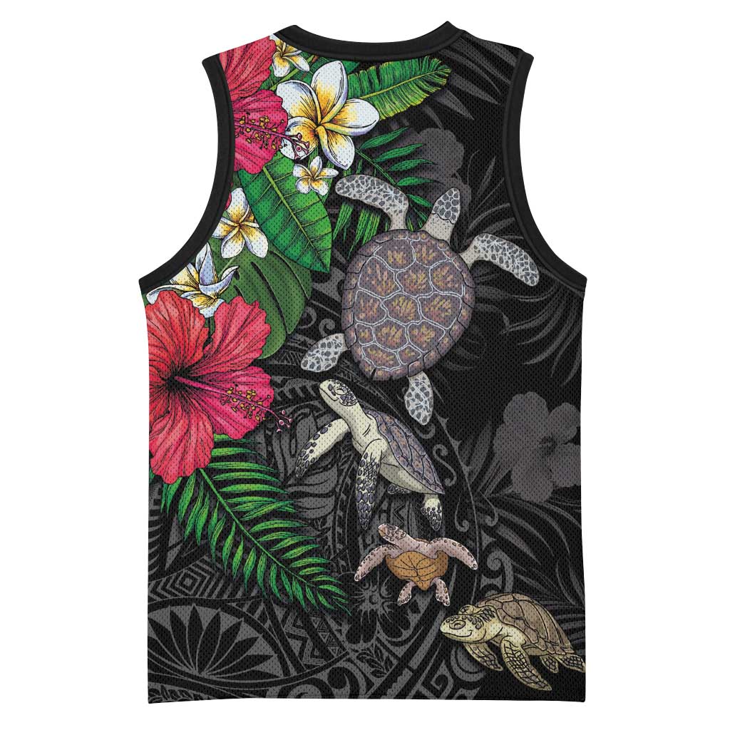 Hawaiian Tropical Plants and Turtles Basketball Jersey Polynesian Art Motifs