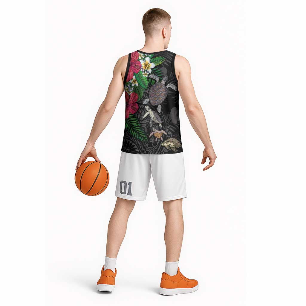 Hawaiian Tropical Plants and Turtles Basketball Jersey Polynesian Art Motifs
