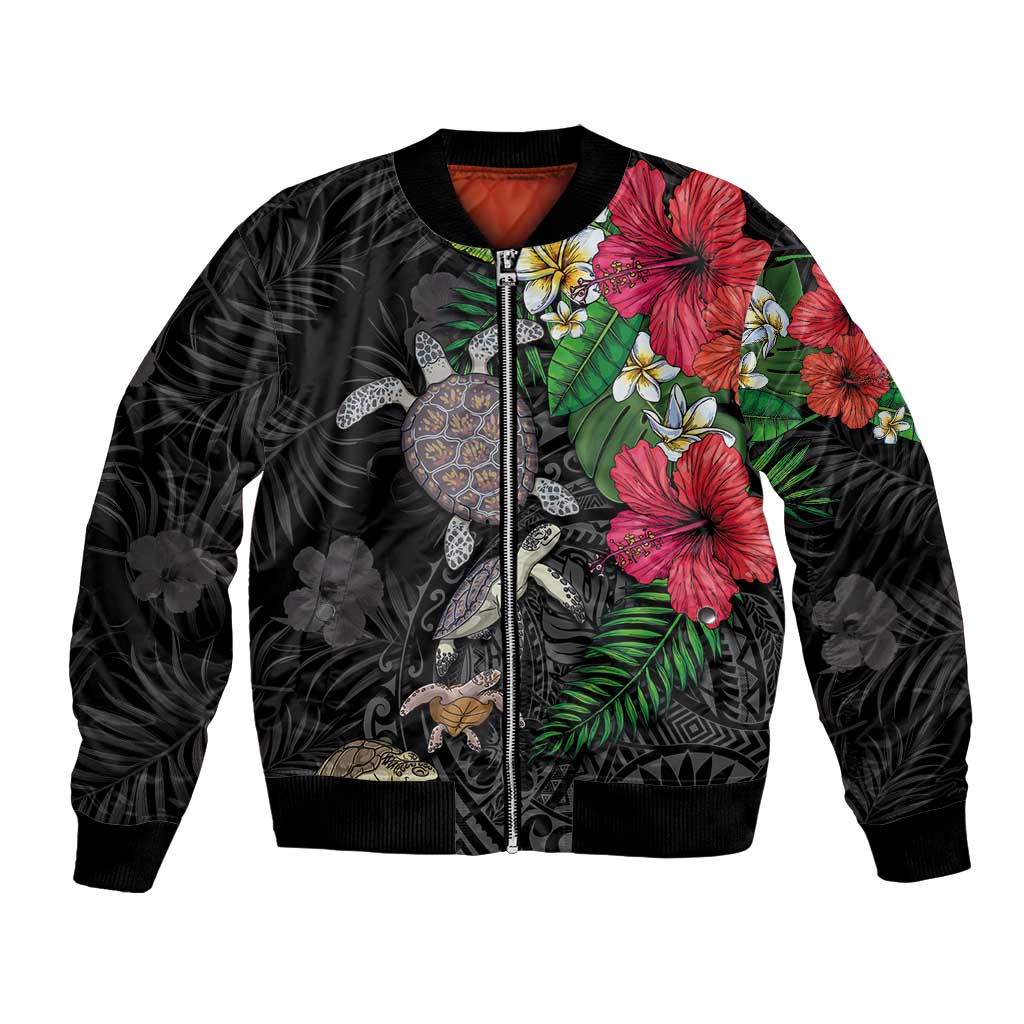 Hawaiian Tropical Plants and Turtles Bomber Jacket Polynesian Art Motifs