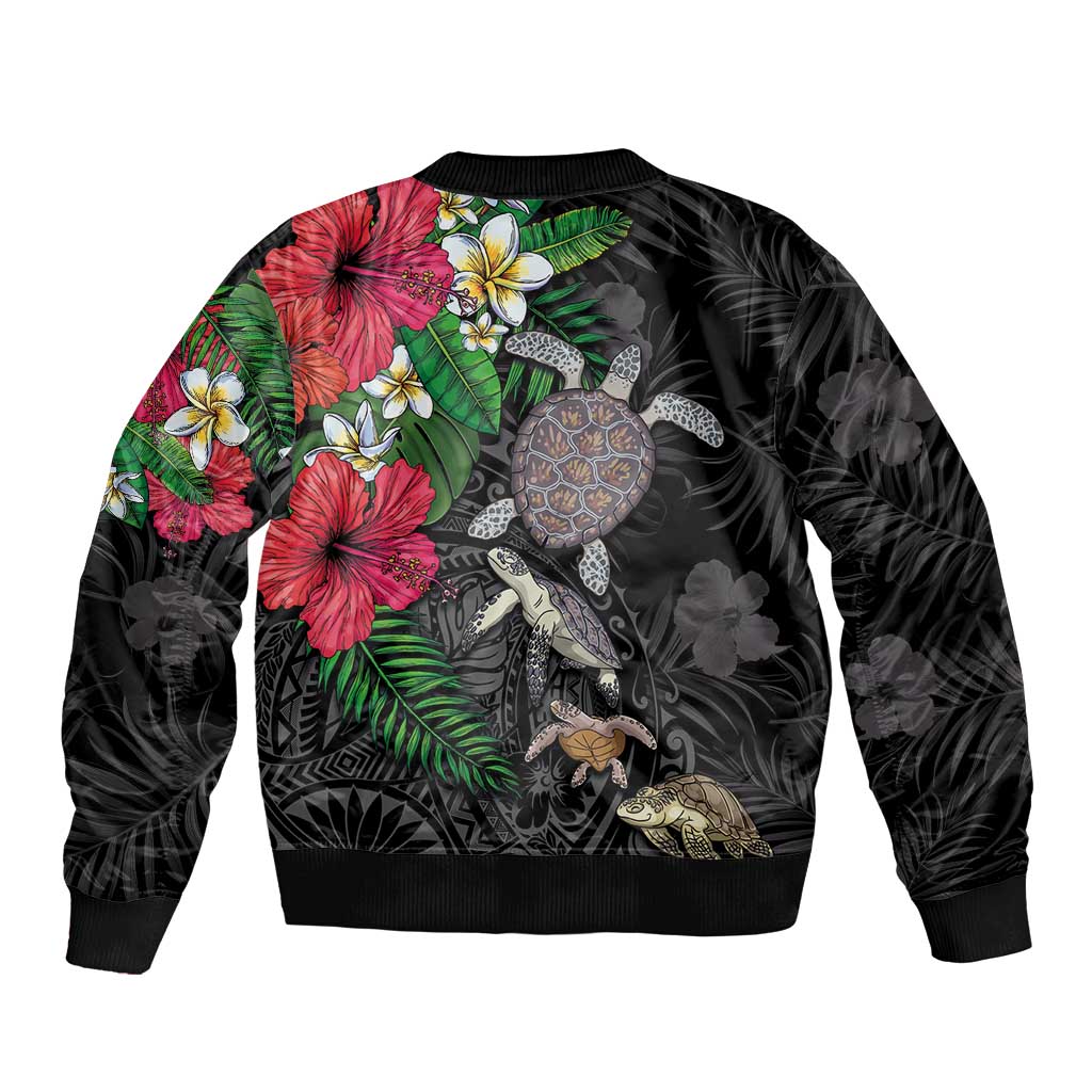 Hawaiian Tropical Plants and Turtles Bomber Jacket Polynesian Art Motifs