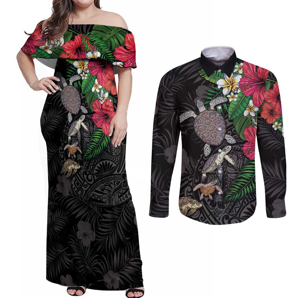 Hawaiian Tropical Plants and Turtles Couples Matching Off Shoulder Maxi Dress and Long Sleeve Button Shirt Polynesian Art Motifs