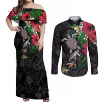 Hawaiian Tropical Plants and Turtles Couples Matching Off Shoulder Maxi Dress and Long Sleeve Button Shirt Polynesian Art Motifs