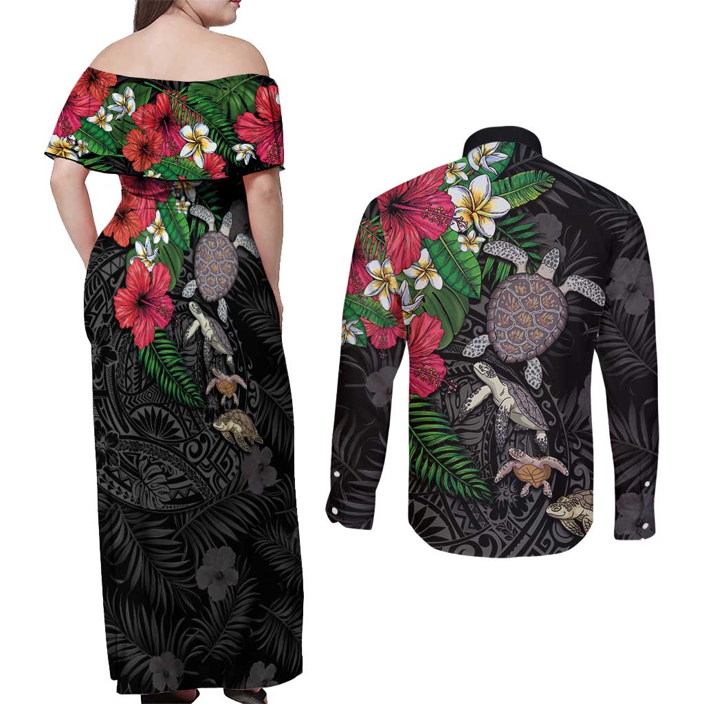 Hawaiian Tropical Plants and Turtles Couples Matching Off Shoulder Maxi Dress and Long Sleeve Button Shirt Polynesian Art Motifs