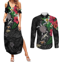 Hawaiian Tropical Plants and Turtles Couples Matching Summer Maxi Dress and Long Sleeve Button Shirt Polynesian Art Motifs