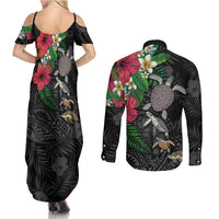 Hawaiian Tropical Plants and Turtles Couples Matching Summer Maxi Dress and Long Sleeve Button Shirt Polynesian Art Motifs