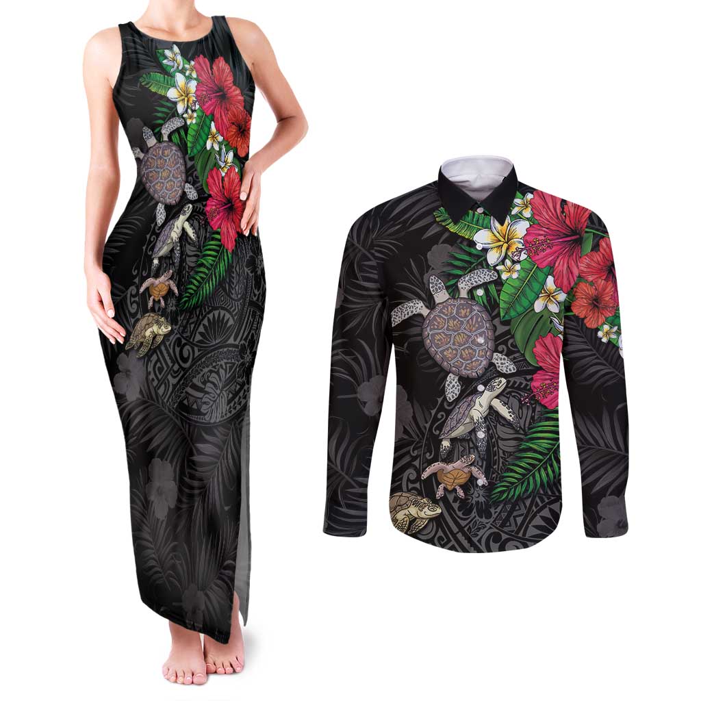 Hawaiian Tropical Plants and Turtles Couples Matching Tank Maxi Dress and Long Sleeve Button Shirt Polynesian Art Motifs