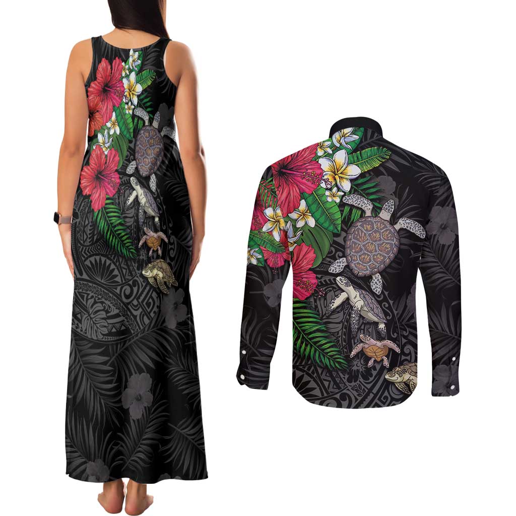 Hawaiian Tropical Plants and Turtles Couples Matching Tank Maxi Dress and Long Sleeve Button Shirt Polynesian Art Motifs