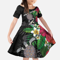 Hawaiian Tropical Plants and Turtles Family Matching Off The Shoulder Long Sleeve Dress and Hawaiian Shirt Polynesian Art Motifs
