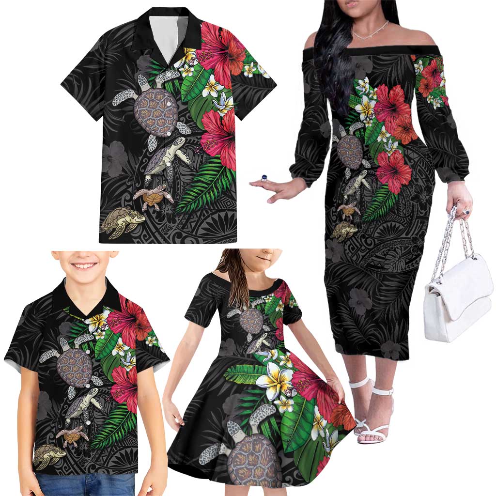 Hawaiian Tropical Plants and Turtles Family Matching Off The Shoulder Long Sleeve Dress and Hawaiian Shirt Polynesian Art Motifs