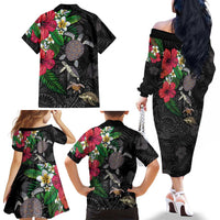 Hawaiian Tropical Plants and Turtles Family Matching Off The Shoulder Long Sleeve Dress and Hawaiian Shirt Polynesian Art Motifs