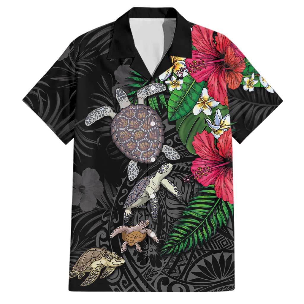 Hawaiian Tropical Plants and Turtles Family Matching Off The Shoulder Long Sleeve Dress and Hawaiian Shirt Polynesian Art Motifs