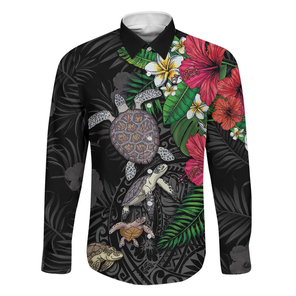 Hawaiian Tropical Plants and Turtles Family Matching Off The Shoulder Long Sleeve Dress and Hawaiian Shirt Polynesian Art Motifs
