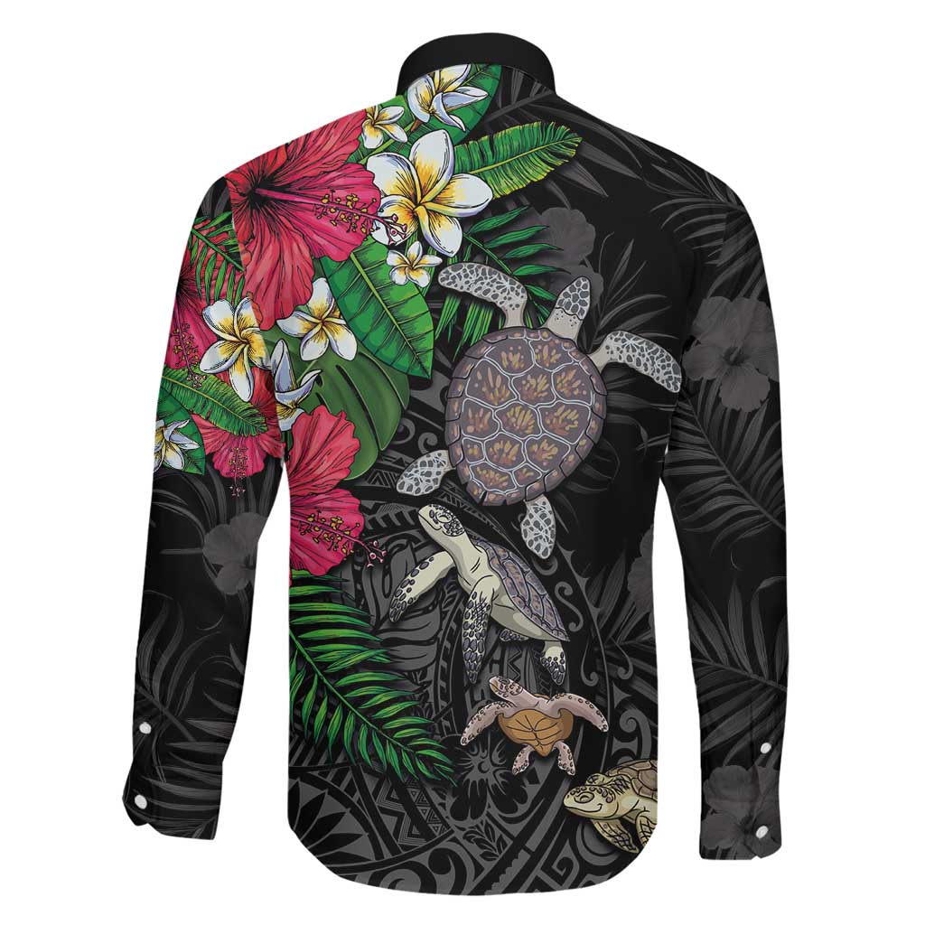 Hawaiian Tropical Plants and Turtles Family Matching Off The Shoulder Long Sleeve Dress and Hawaiian Shirt Polynesian Art Motifs