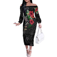 Hawaiian Tropical Plants and Turtles Family Matching Off The Shoulder Long Sleeve Dress and Hawaiian Shirt Polynesian Art Motifs