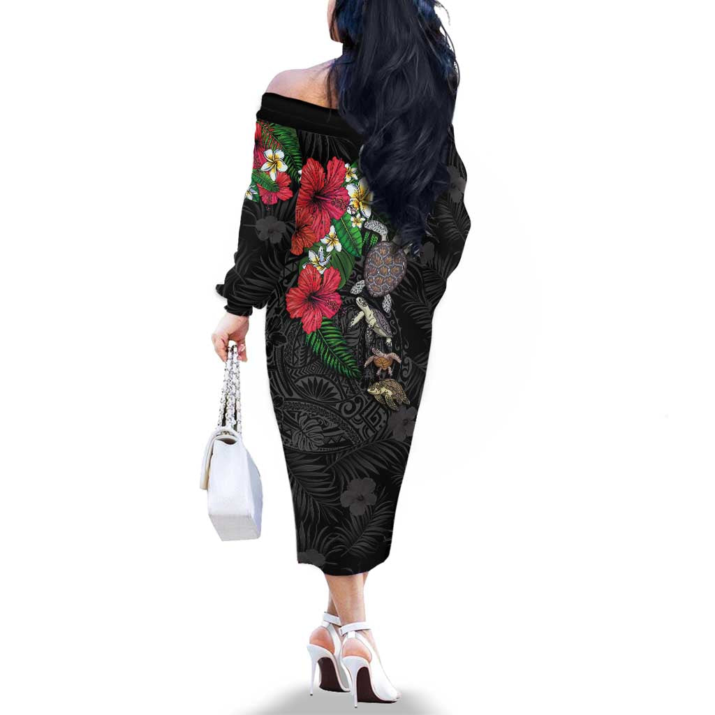 Hawaiian Tropical Plants and Turtles Family Matching Off The Shoulder Long Sleeve Dress and Hawaiian Shirt Polynesian Art Motifs