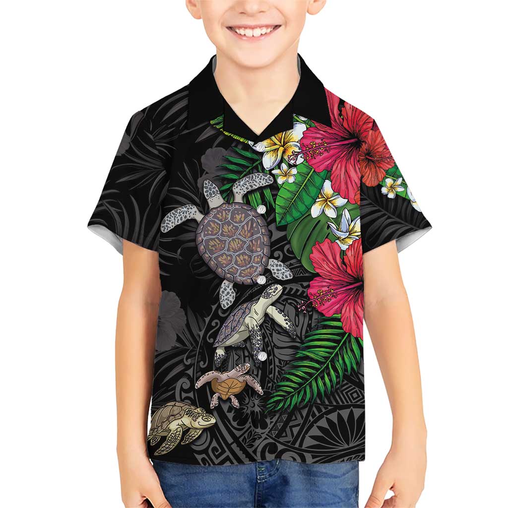 Hawaiian Tropical Plants and Turtles Family Matching Off The Shoulder Long Sleeve Dress and Hawaiian Shirt Polynesian Art Motifs