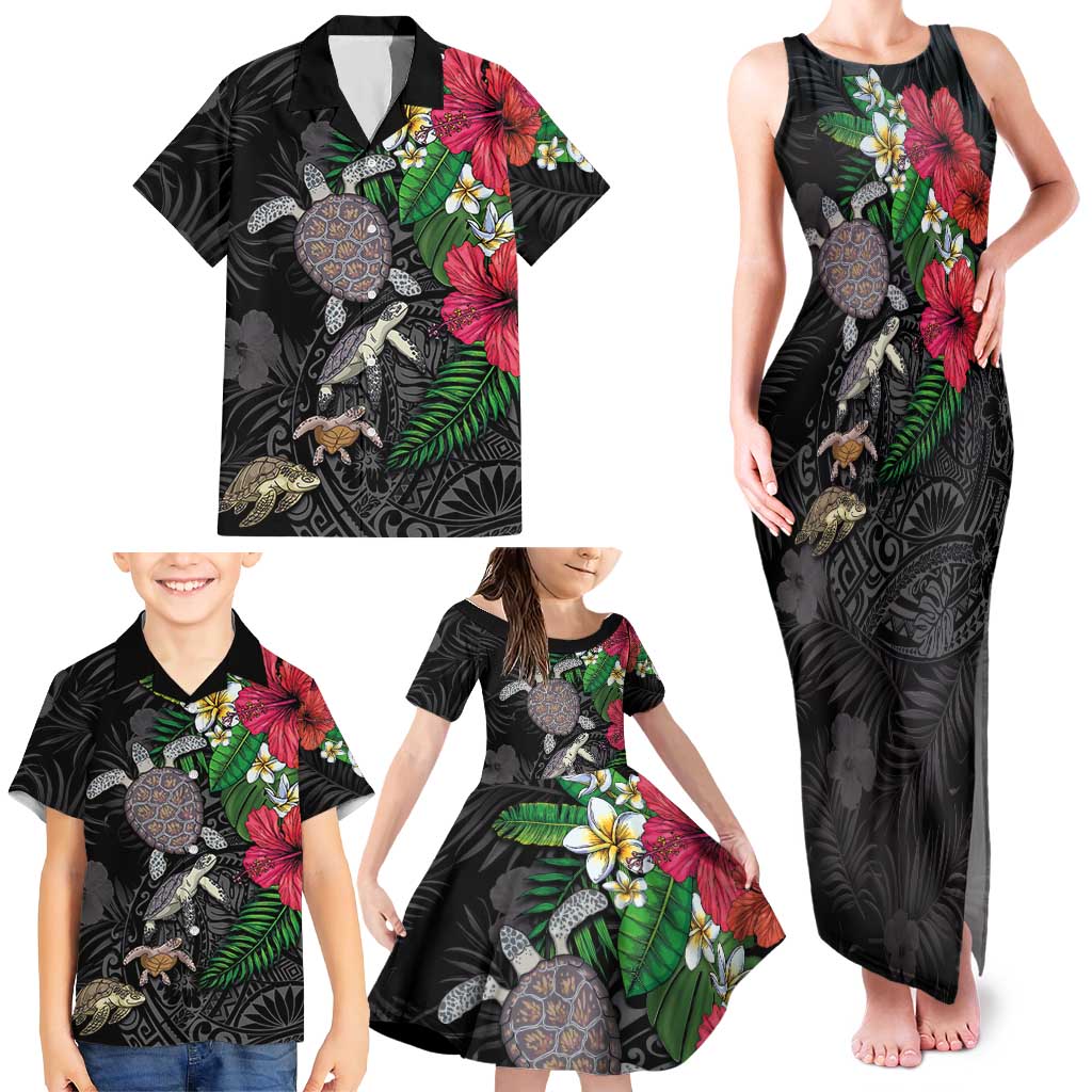 Hawaiian Tropical Plants and Turtles Family Matching Tank Maxi Dress and Hawaiian Shirt Polynesian Art Motifs LT03 - Polynesian Pride