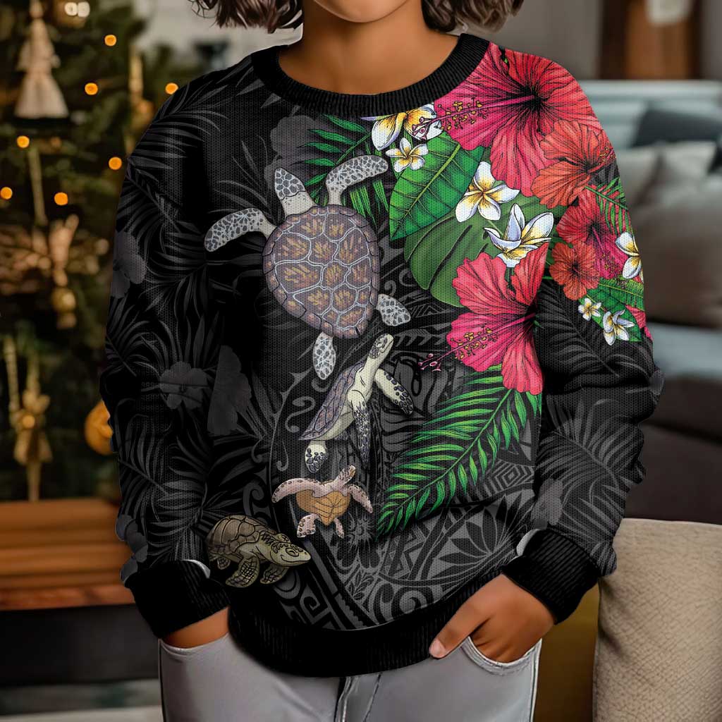 Hawaiian Tropical Plants and Turtles Kid Ugly Christmas Sweater Polynesian Art Motifs