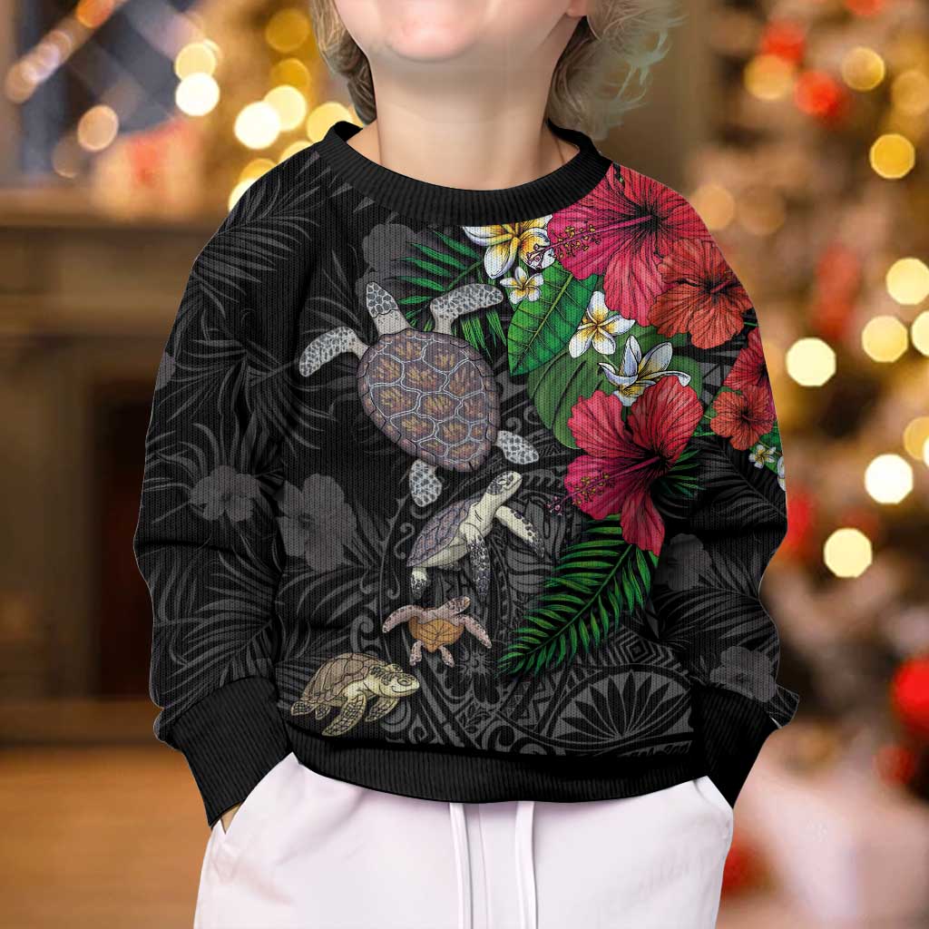 Hawaiian Tropical Plants and Turtles Kid Ugly Christmas Sweater Polynesian Art Motifs