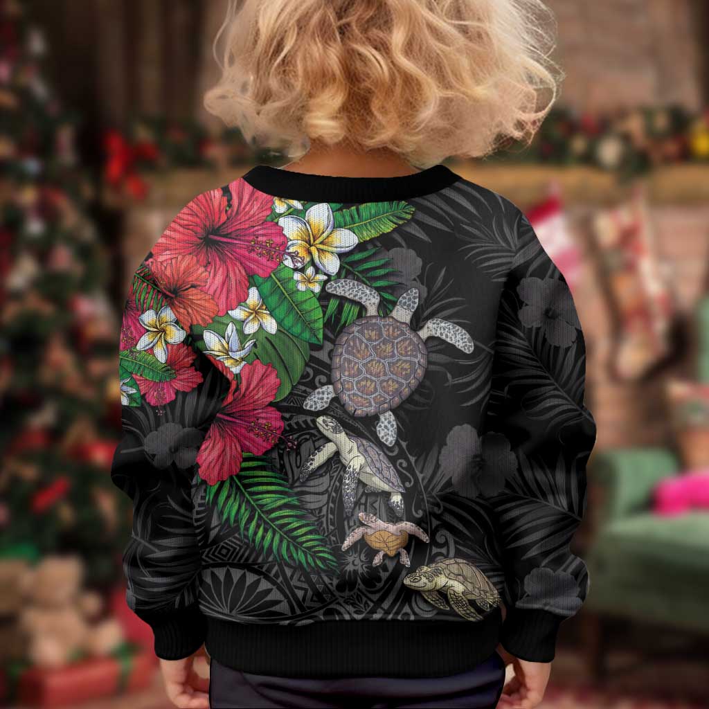 Hawaiian Tropical Plants and Turtles Kid Ugly Christmas Sweater Polynesian Art Motifs