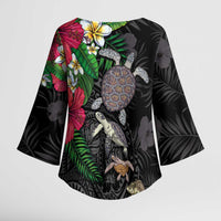 Hawaiian Tropical Plants and Turtles Kimono Sleeve Blouse Polynesian Art Motifs LT03 - Polynesian Pride