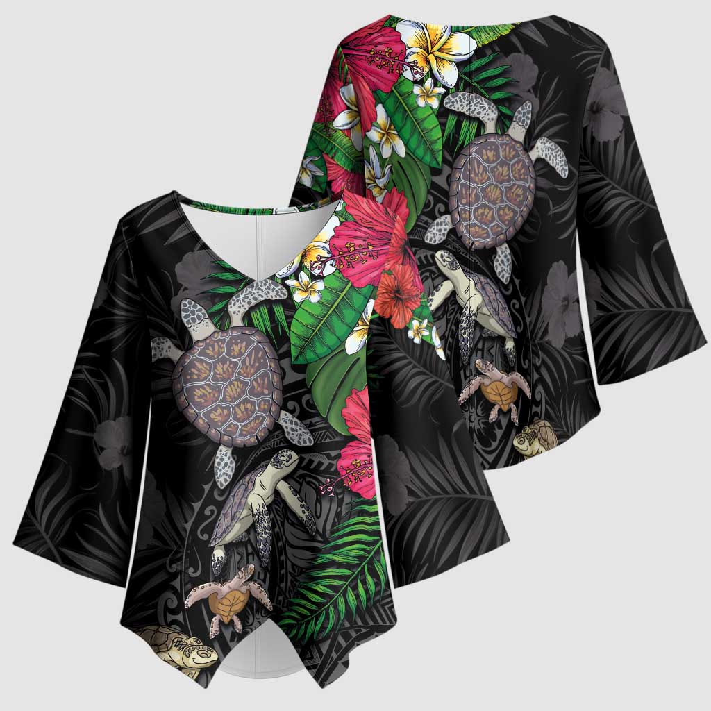 Hawaiian Tropical Plants and Turtles Kimono Sleeve Blouse Polynesian Art Motifs LT03 - Polynesian Pride