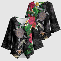 Hawaiian Tropical Plants and Turtles Kimono Sleeve Blouse Polynesian Art Motifs LT03 - Polynesian Pride
