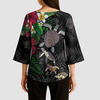 Hawaiian Tropical Plants and Turtles Kimono Sleeve Blouse Polynesian Art Motifs LT03 - Polynesian Pride