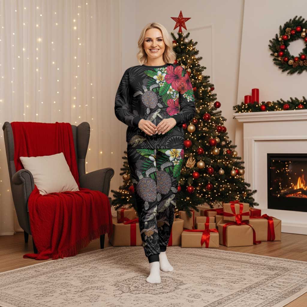 Hawaiian Tropical Plants and Turtles Christmas Pajama Set Polynesian Art Motifs