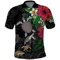Hawaiian Tropical Plants and Turtles Polo Shirt Polynesian Art Motifs