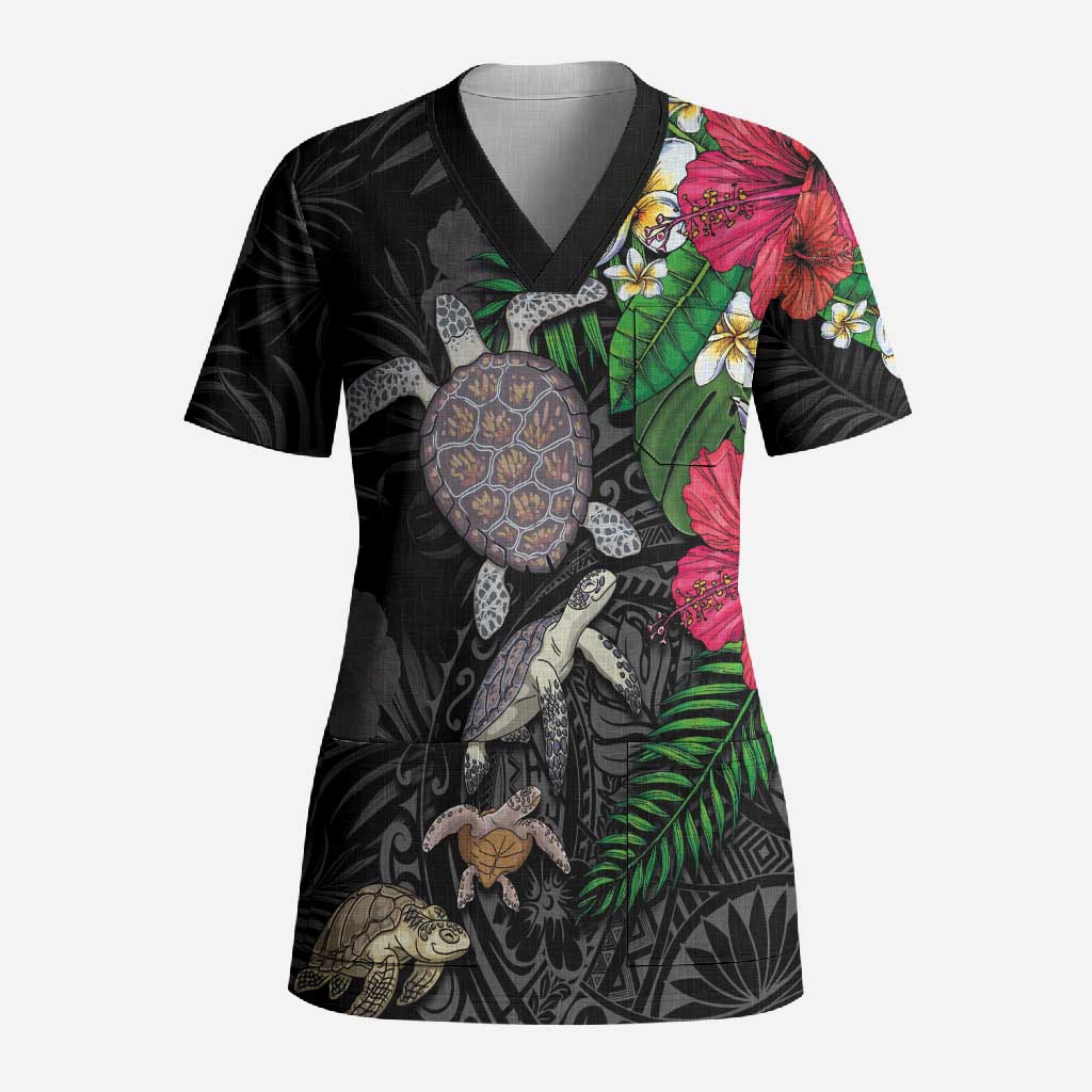 Hawaiian Tropical Plants and Turtles Scrub Top Polynesian Art Motifs LT03 Adult Black - Polynesian Pride